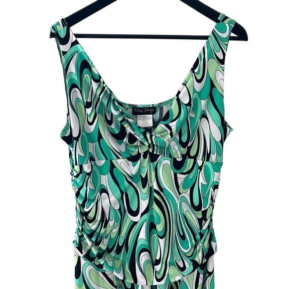 Blue Sage Womens Asymmetric Dress Fit & Flare Abstract V Neck Stretch Green‎ XL - Picture 3 of 10